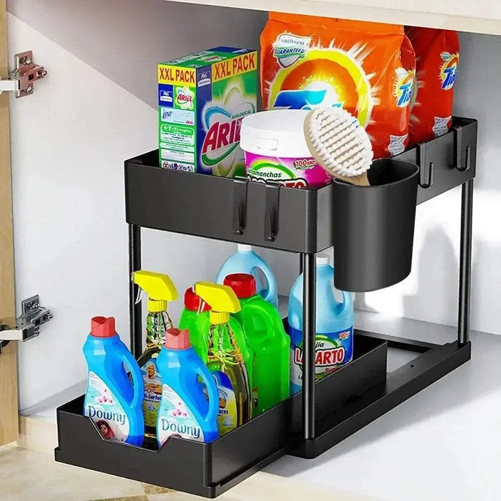 Two Tier Kitchen Sink Organizer Sliding Cabinet Basket With Hooks Hanging Cup Space Saving Rack For Kitchen And Bathroom