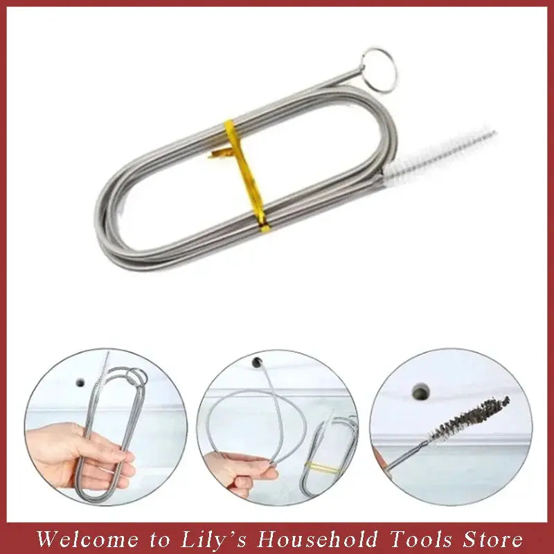 Long stainless steel fridge drain dredge tool by Simples Market with flexible coil tube and cleaning brush