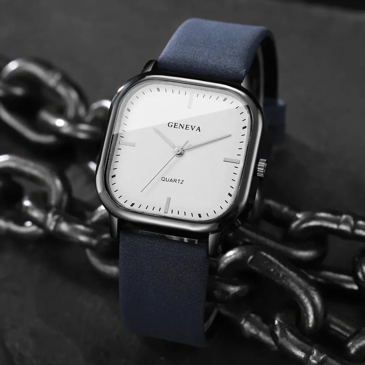 Geneva square-dial men's quartz watch with blue leather strap