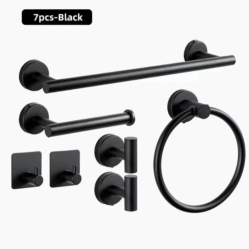 Simples Market 7-piece black bathroom hardware set; wall-mounted towel bar, towel ring, toilet paper holder