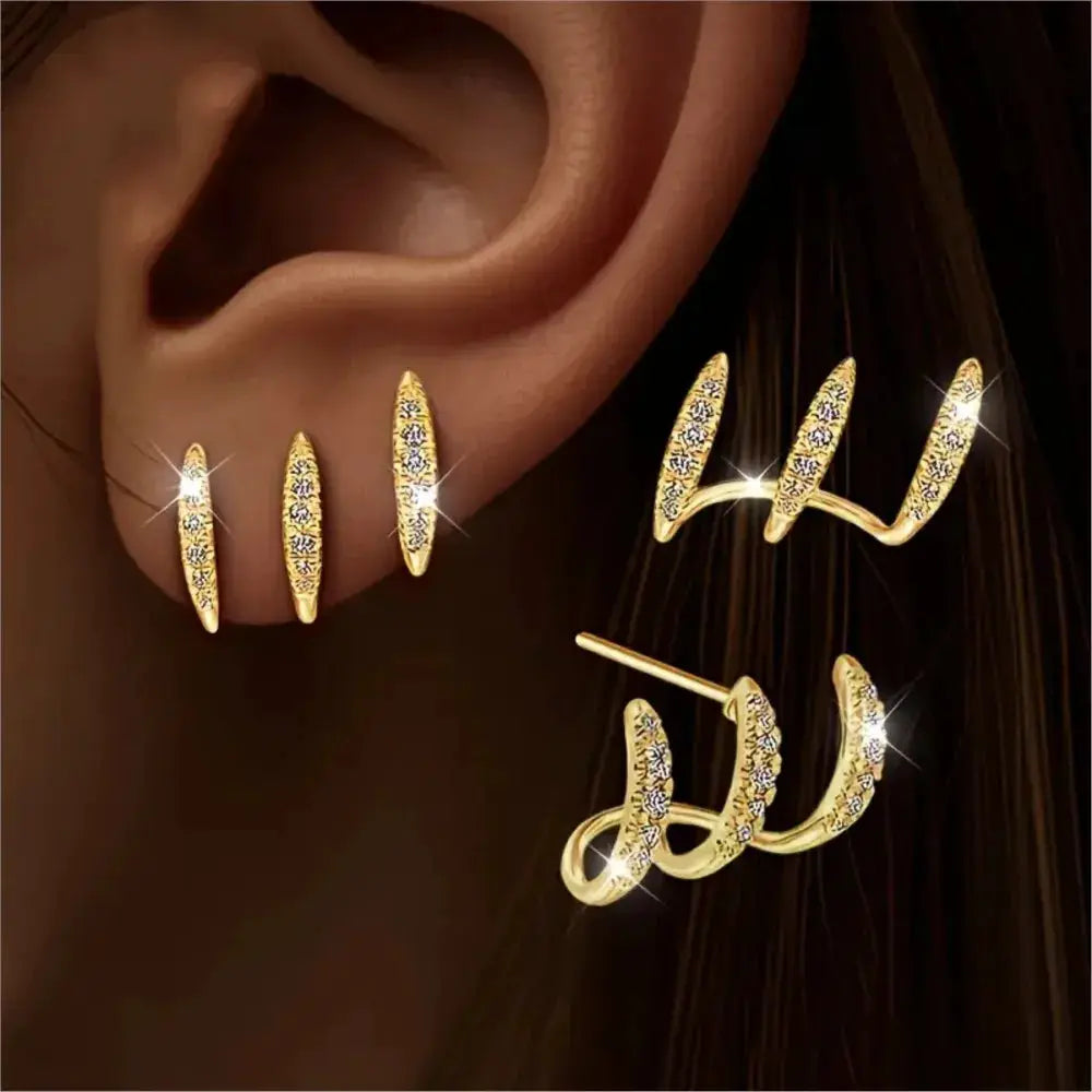 Simples Market 2pc gold-tone rhinestone three-claw earrings set for women