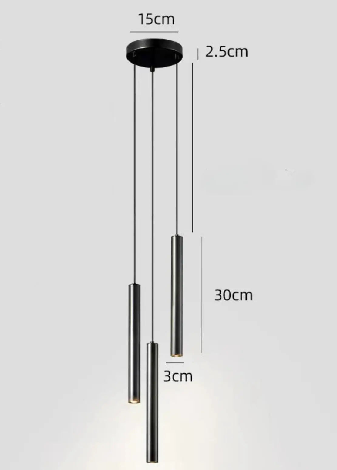 Simples Market bedside triple pendant lamp; black cylindrical metal pendants, 30 cm long, 3 cm dia, ceiling mount 15 cm