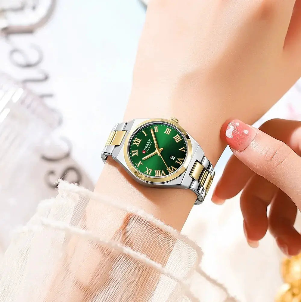 CURREN women's wristwatch with green dial, Roman numerals, date window, two-tone stainless steel bracelet