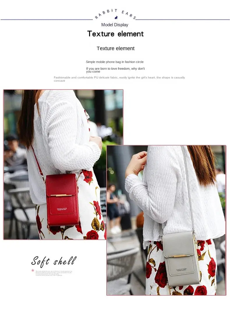 Simples Market Crazy Bag crossbody phone bag in red and gray with card holder and touch-screen lock.