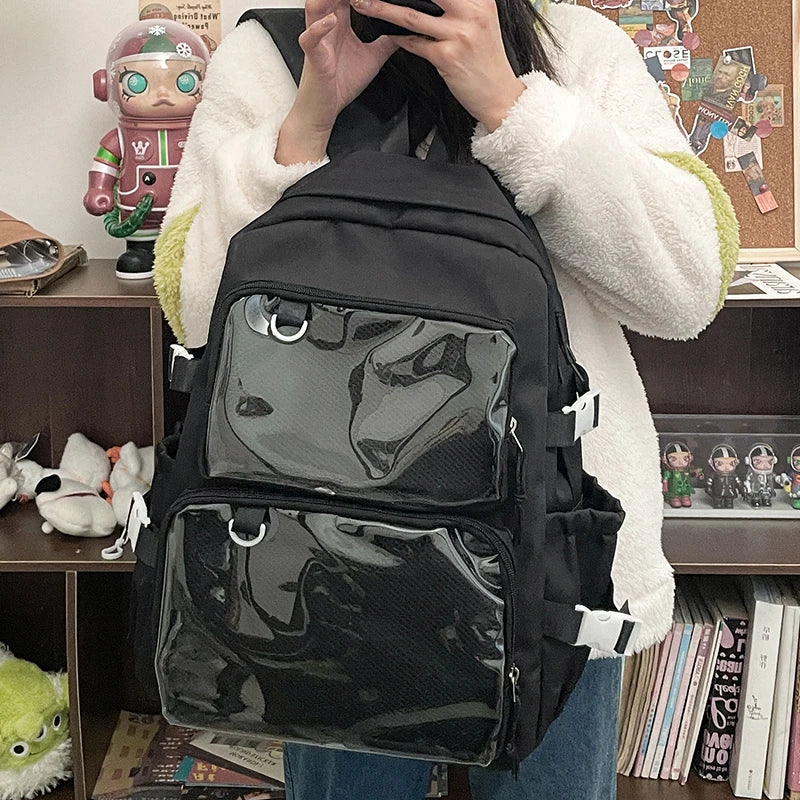 Japanese style transparent ita bag, black with clear front pockets, large capacity