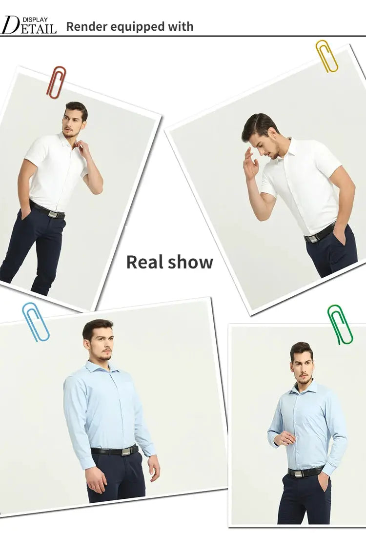 4-panel collage of men in white and light-blue shirts with navy pants, showcasing a 3D fake muscle undershirt