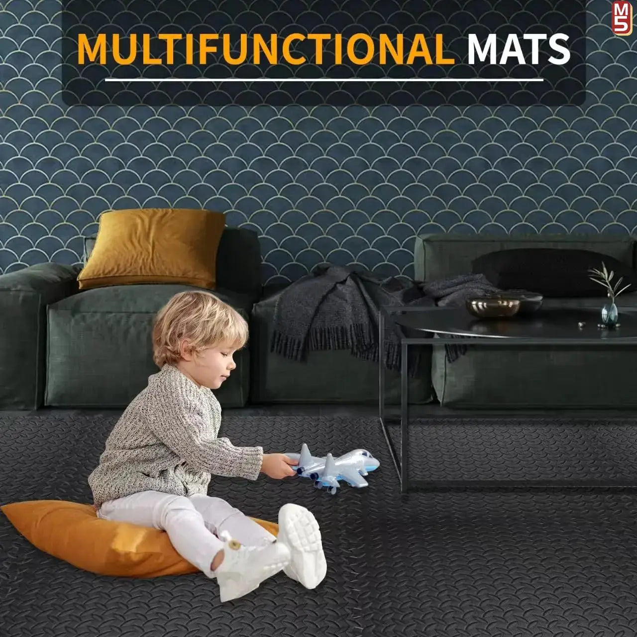 Simples Market EVA foam interlocking puzzle mats with non-slip surface in dark charcoal for home gym flooring