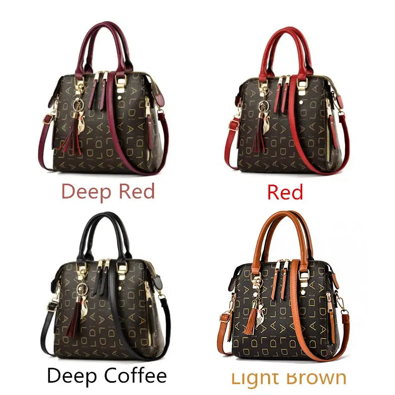 PU leather tassel-top-handle handbag in four colorways: Deep Red, Red, Deep Coffee, Light Brown
