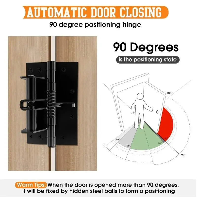 Simples Market 3-in-1 automatic self-closing door hinge, black steel with spring, closer and stopper; 90° positioning.