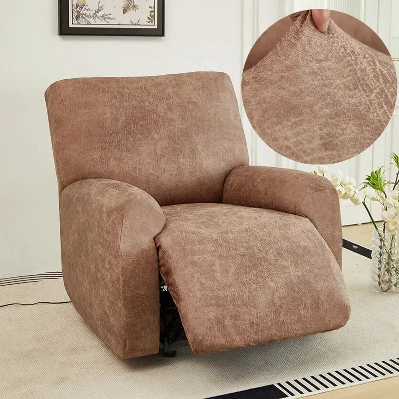 Recliner chair cover in brown composite PU fabric; waterproof stretch sofa protector.