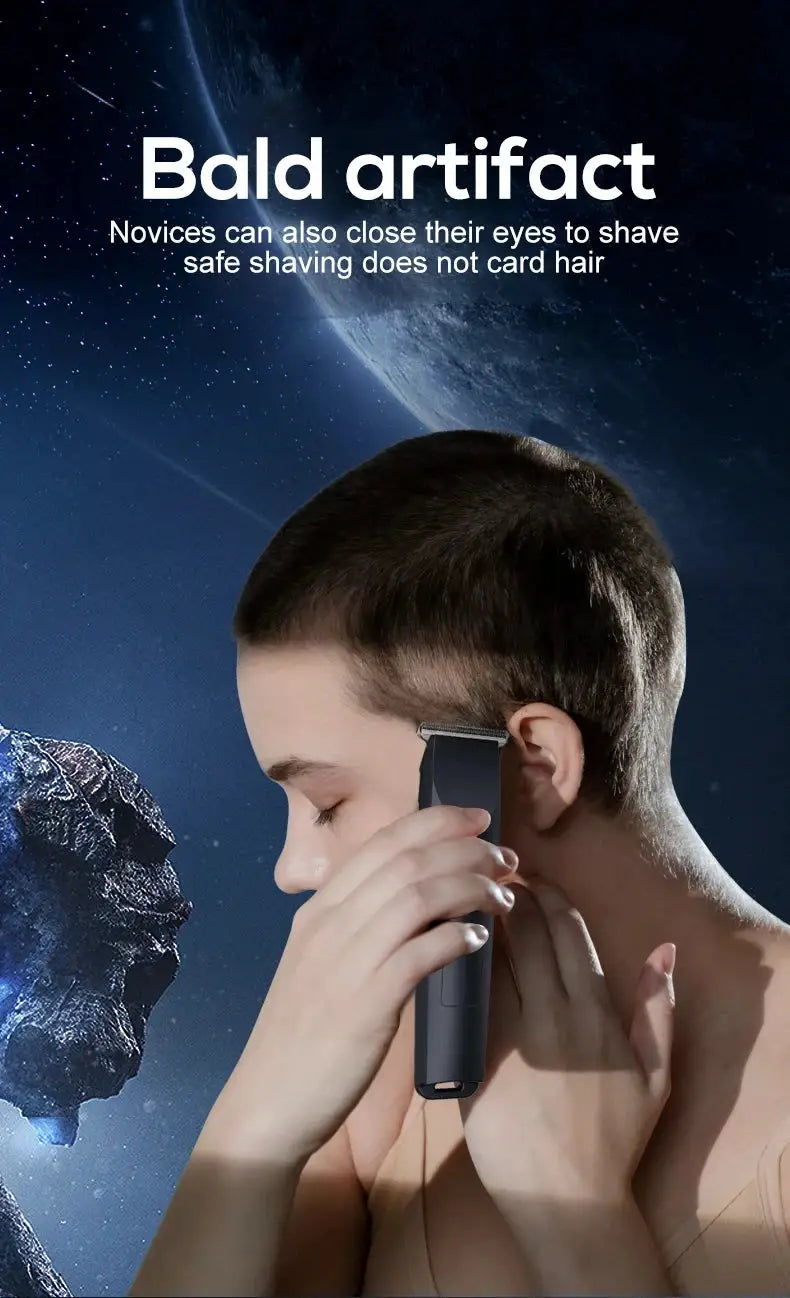 Simples Market USB-charging electric hair clipper with adjustable cutter head shown beside a man's head