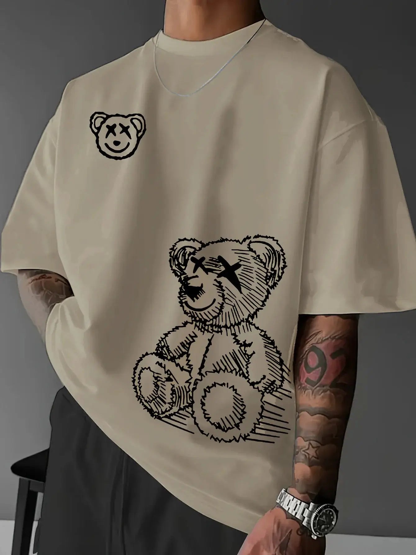 Summer Men's 100 Percent Pure Cotton Casual T Shirt With Cartoon Bear Pattern Round Neck Short Sleeve