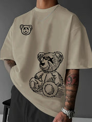 Summer Men's 100 Percent Pure Cotton Casual T Shirt With Cartoon Bear Pattern Round Neck Short Sleeve