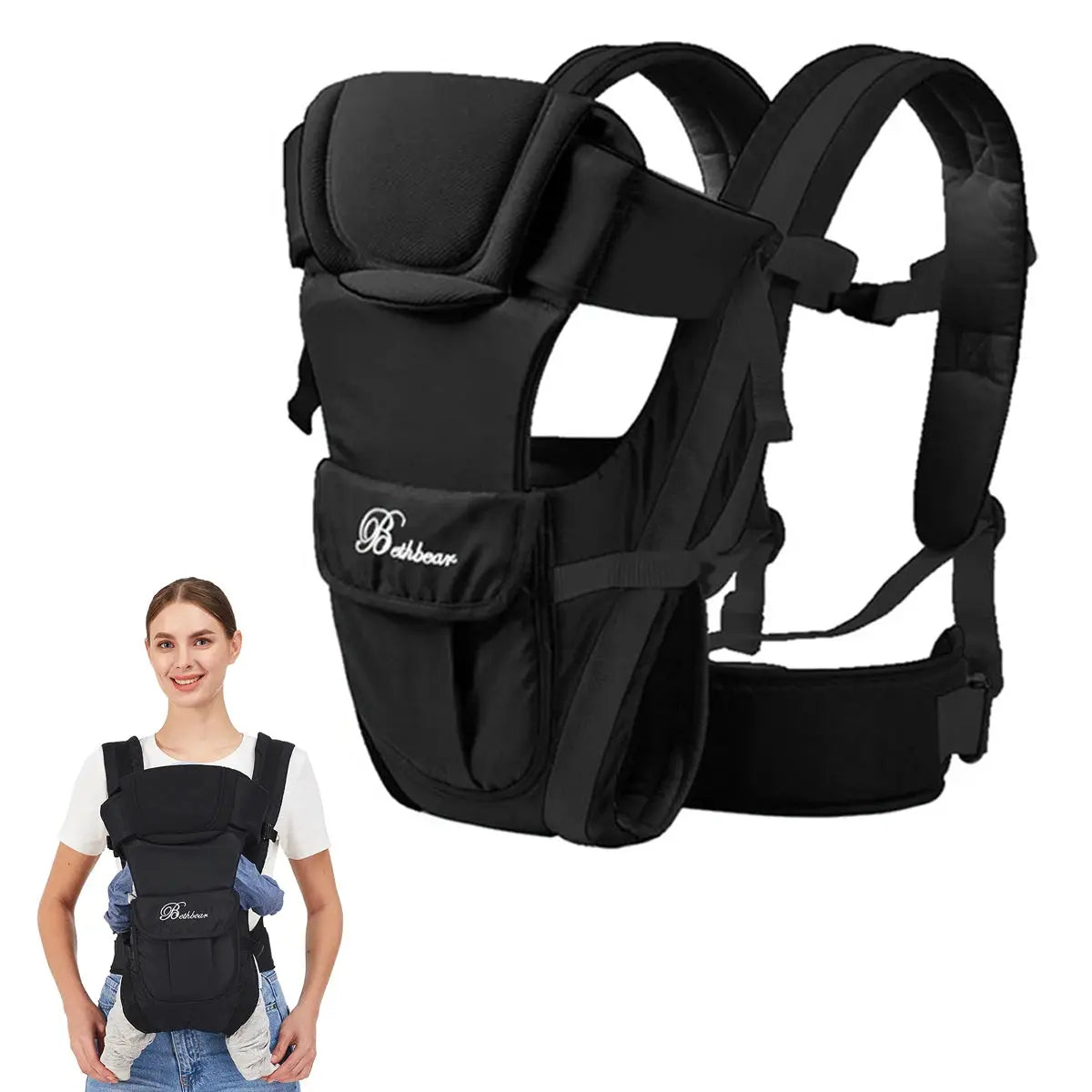 4-in-1 ergonomic baby carrier backpack in black, designed for comfort and hands-free baby carrying.