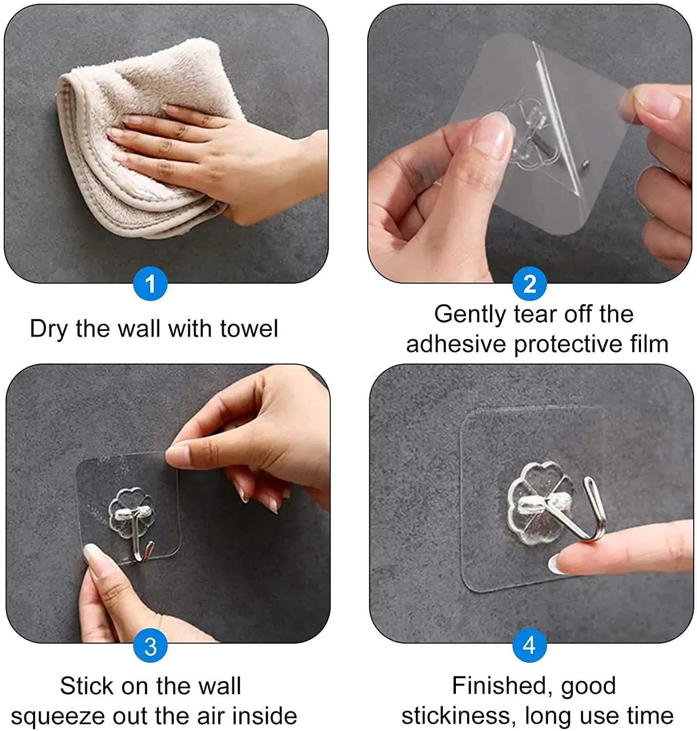 Simples Market acrylic fogless shower mirror with adhesive mount; four-step installation guide.