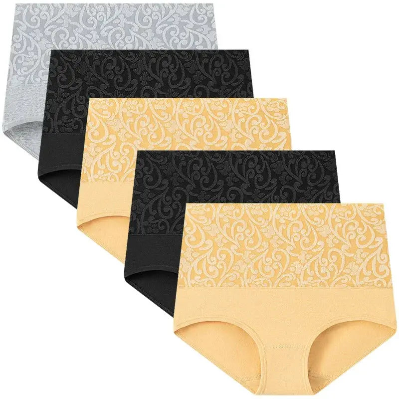 Plus-size high-waist cotton panties, 5-pack by Simples Market, grey, black, and gold patterned briefs