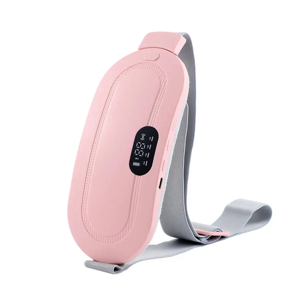 Electric waist massage belt in pink with gray strap and digital display panel