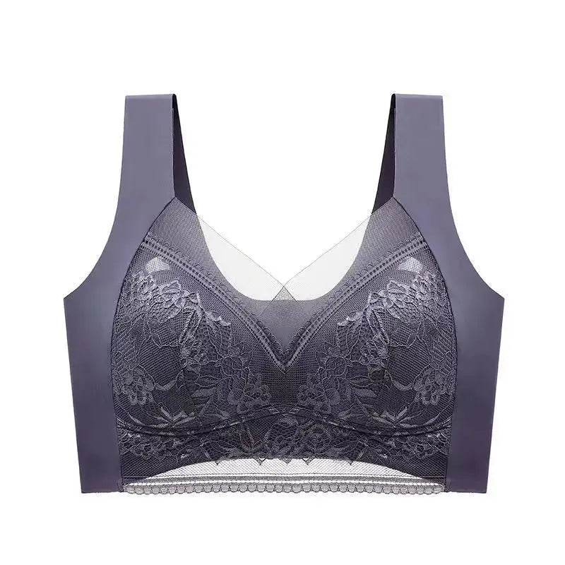 Womens lace bralette push-up ice silk deep-V bra in dark purple, plus size by Simples Market