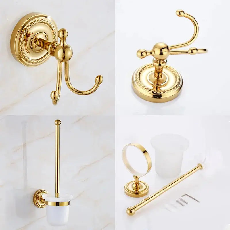 Luxury gold brass bathroom accessories set, five-piece: robe hook, paper holder, towel bar, towel ring, soap dish