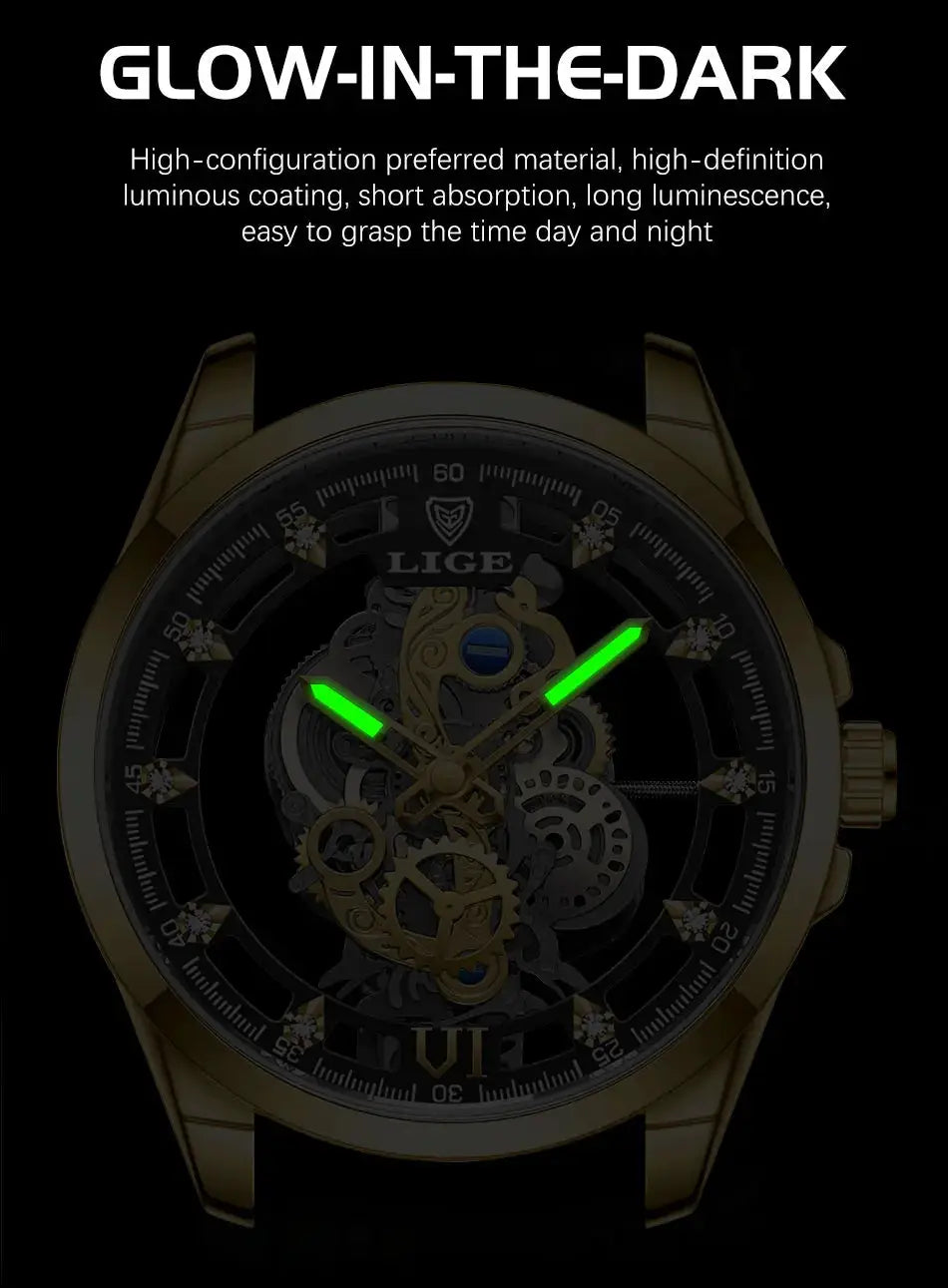 LIGE men's gold-tone stainless steel skeleton quartz watch with luminous green hands