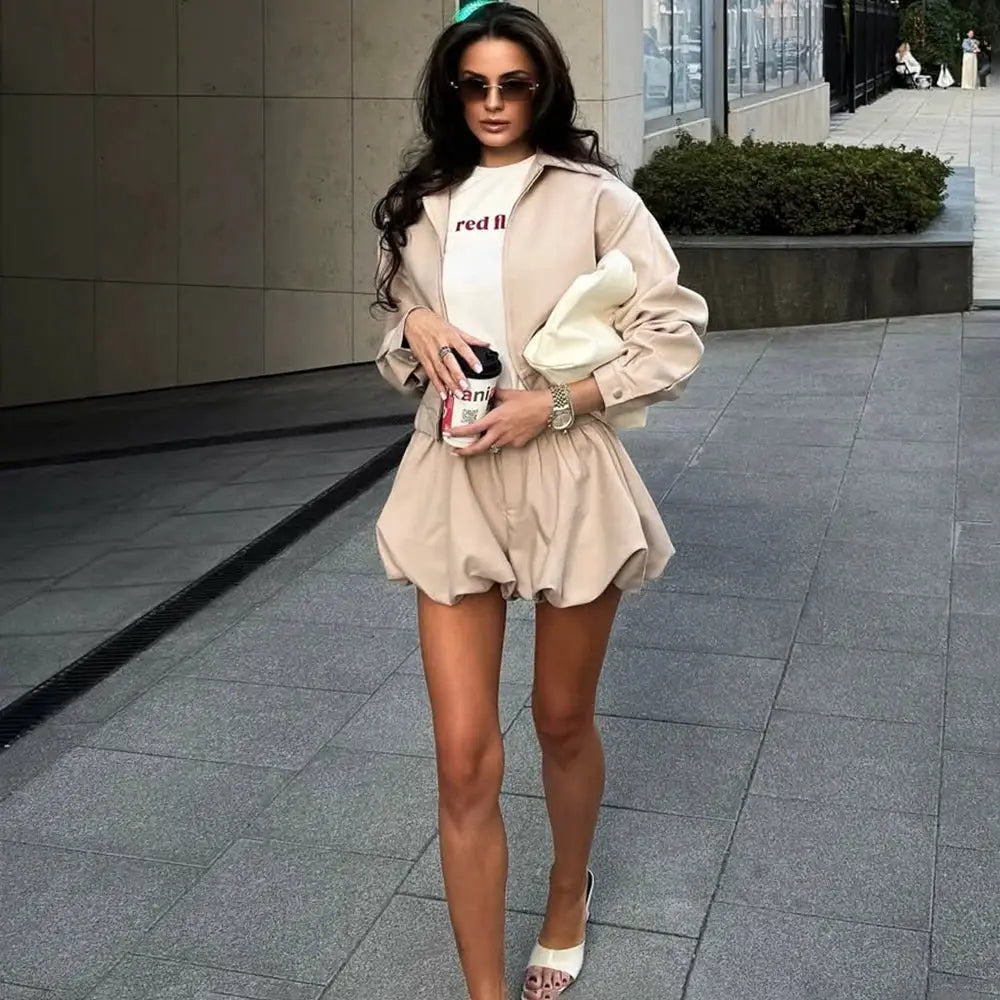 Tuularose Womens Lapel Zip Jacket Two Piece Pleated Shorts Autumn Suit
