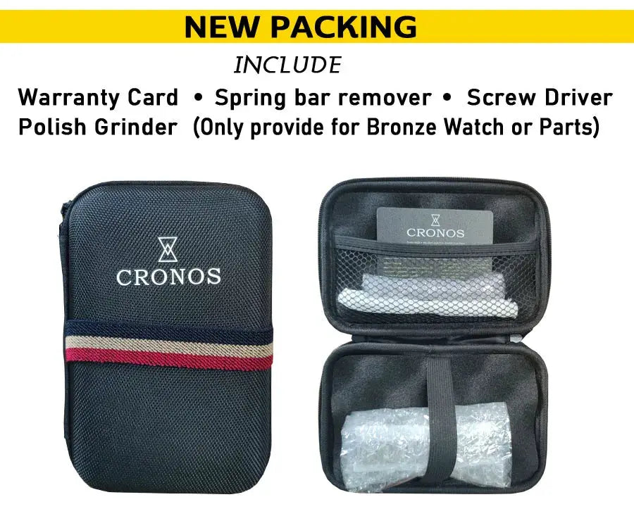 Cronos watch travel case; black textured zipper pouch with Cronos logo, red stripe detail, opened view shows card in mesh pocket and wrapped components.