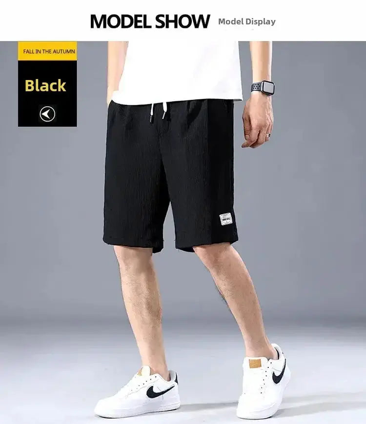Men's black ice-silk casual shorts with drawstring, loose fit