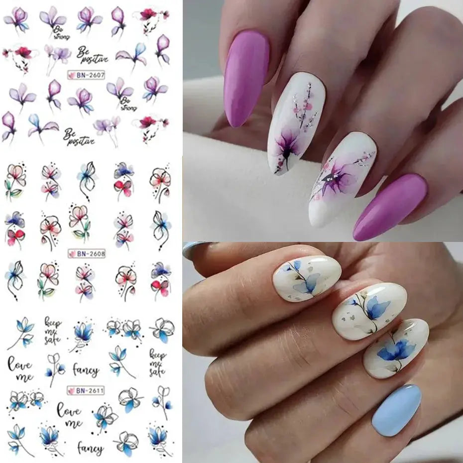 Nail art stickers sheet, 12 PCs, Simples Market, ink floral water decals; shown on purple, white and blue manicures