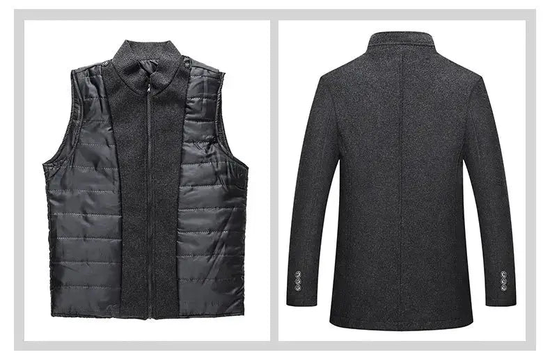 Simples Market men's wool trench coat and quilted padded vest in black, two-piece set