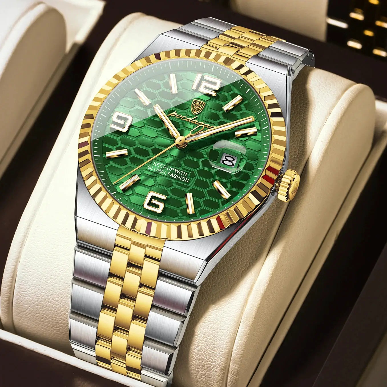 Men's watch with green honeycomb dial and gold bezel in a two-tone stainless steel bracelet, box