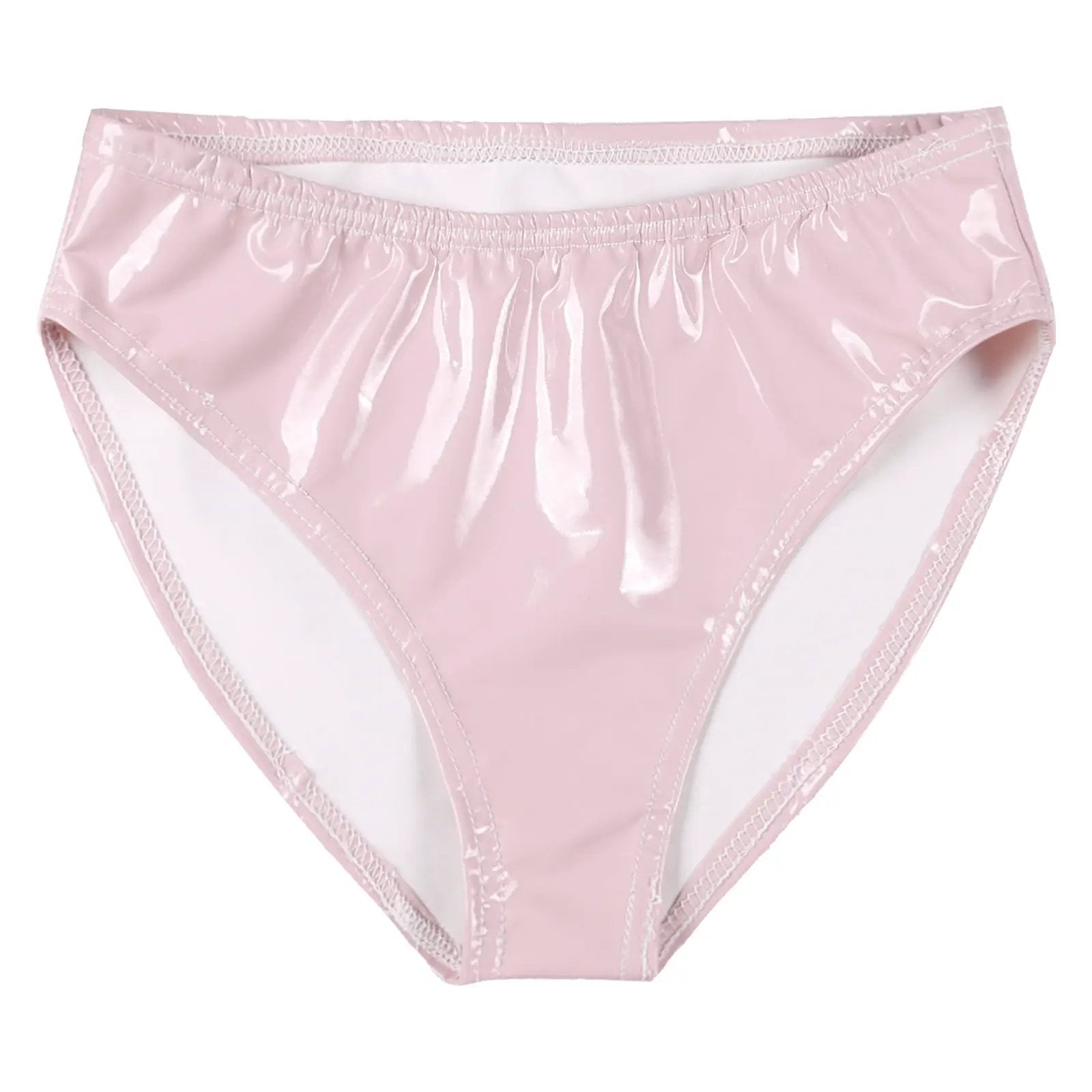 Women's pink wet-look patent leather briefs, low-waist shiny panties.