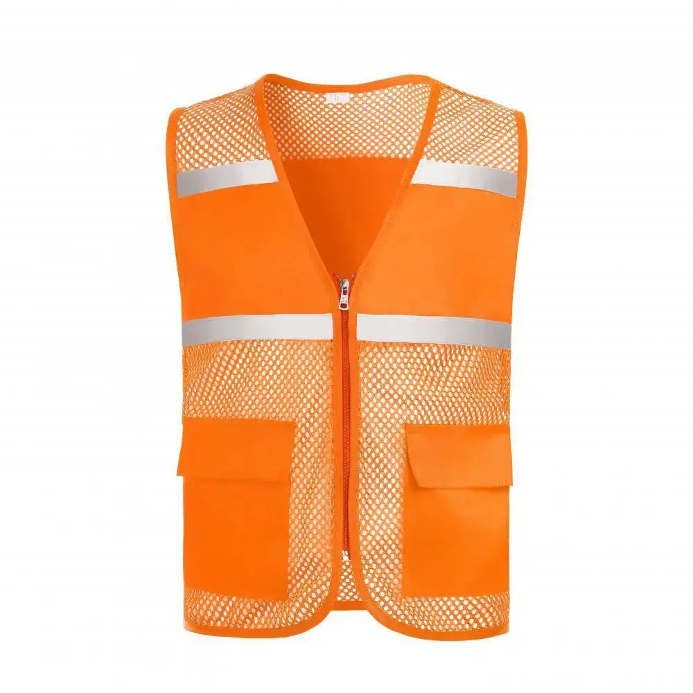 Volunteer fishing safety vest in bright orange with reflective bands, mesh back, zipper front, and oversized pockets.