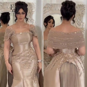 Customized Saudi Champagne Satin Evening Dress With Beading Luxurious