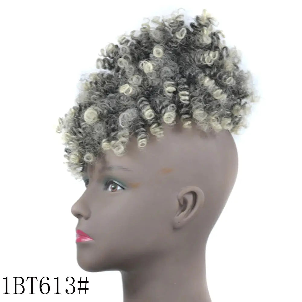 Afro Puff Updo Drawstring Ponytail Wig with Bangs, black gray kinky-curly synthetic hairpiece.