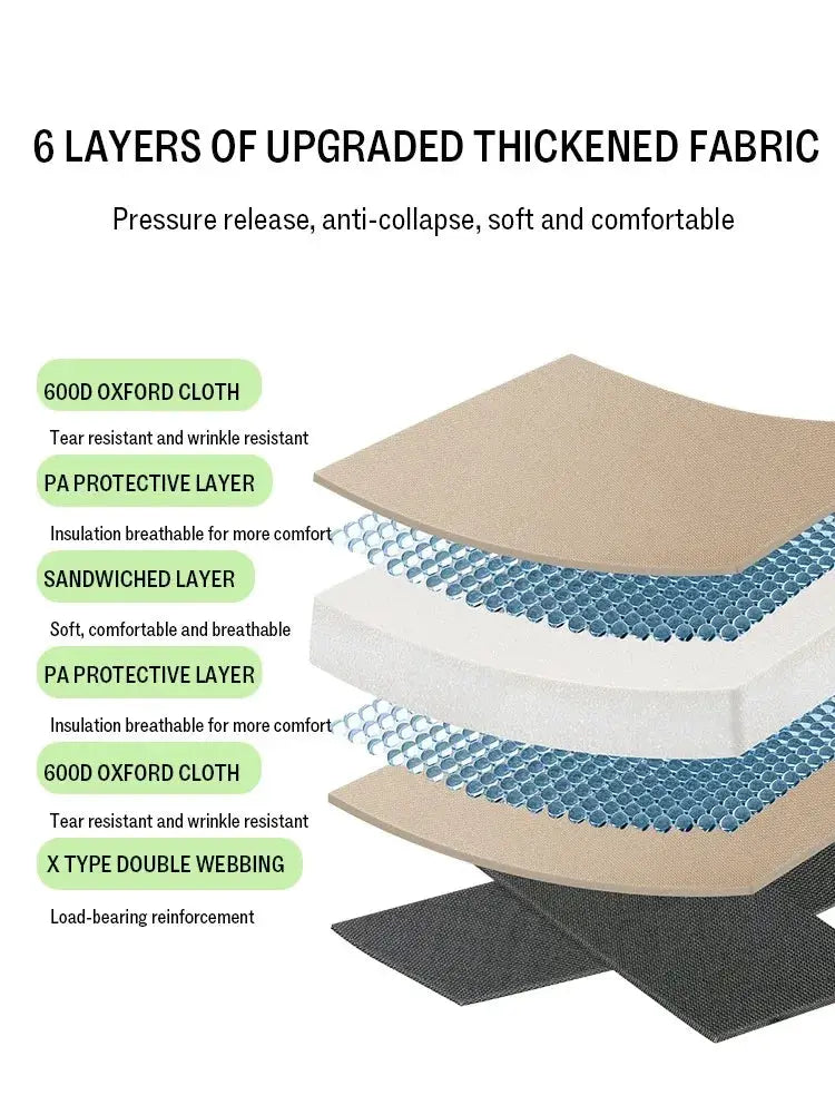 Simples Market outdoor folding moon chair cross-section showing 6-layer fabric with beige top and blue padding