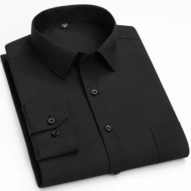 Men's long sleeve black dress shirt by Simples Market with a single pocket.