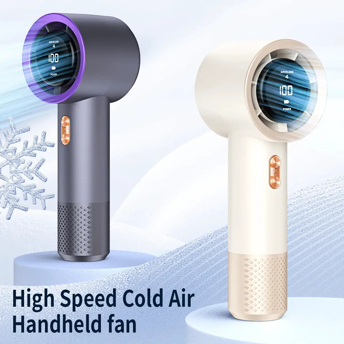 Two handheld high-speed fans with circular display screens in gray and beige colorways, showing digital air volume.