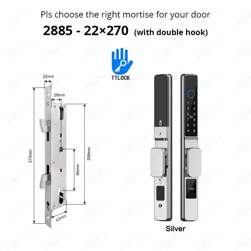 Simples Market waterproof sliding door smart lock in silver aluminum, TTLock with keypad, fingerprint, RFID.