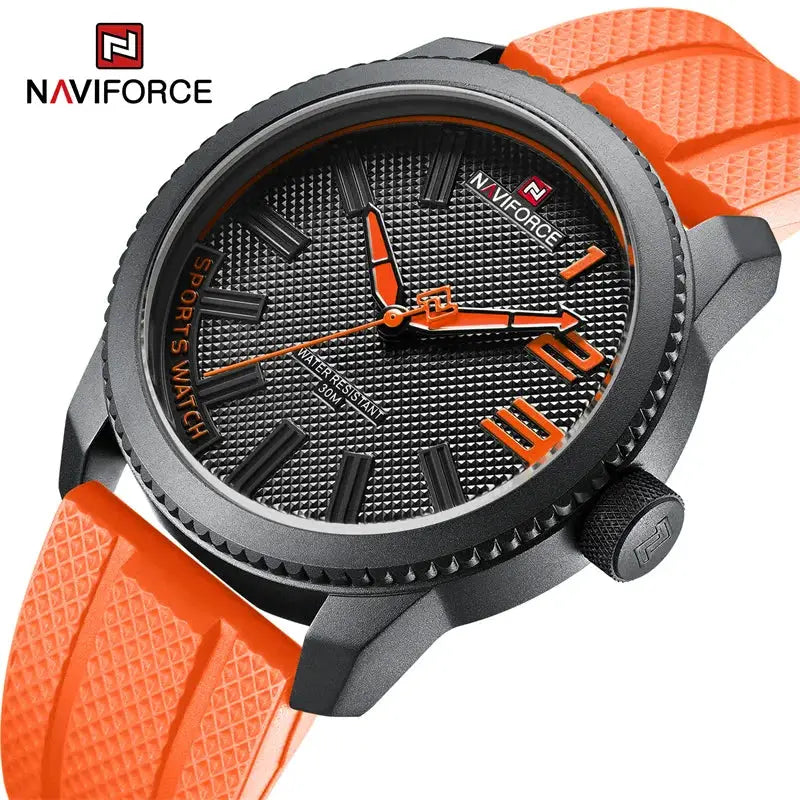 NAVIFORCE men's quartz sport watch with orange silicone strap, black textured dial, gray case, 30m water resistant