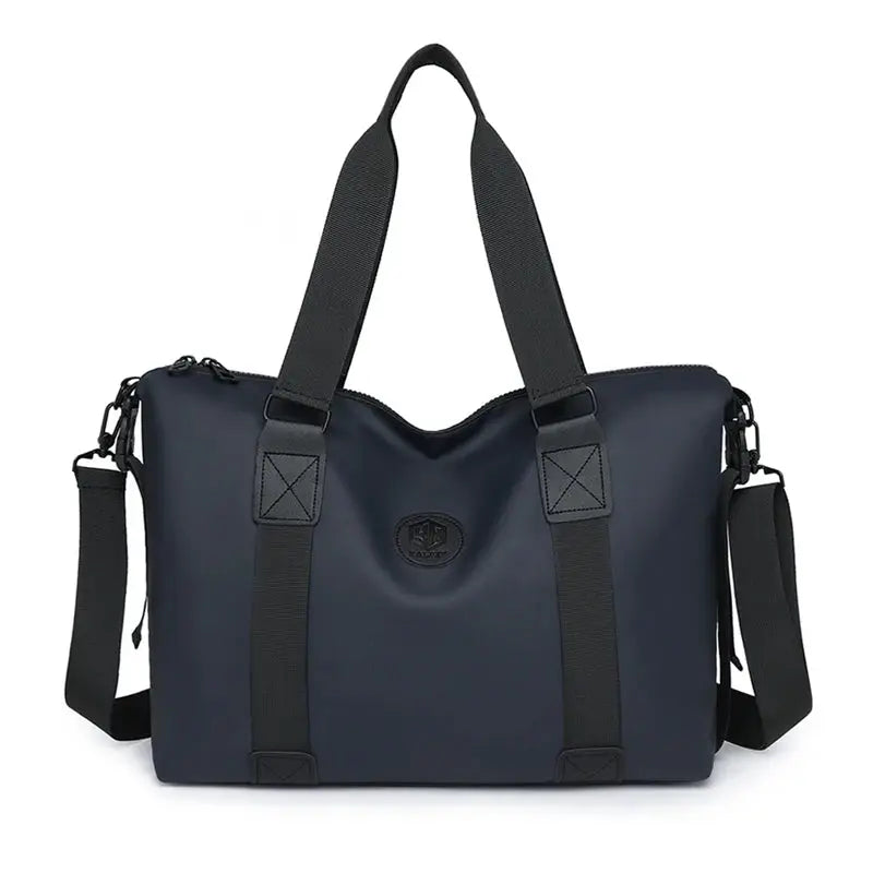 Simples Market navy travel duffel bag with dual handles and detachable shoulder strap; waterproof Oxford cloth