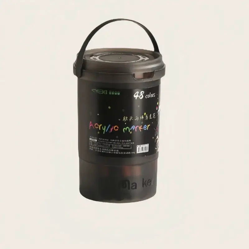 Bucket-cap acrylic marker set by Simples Market, black carrying bucket, 48 colors.