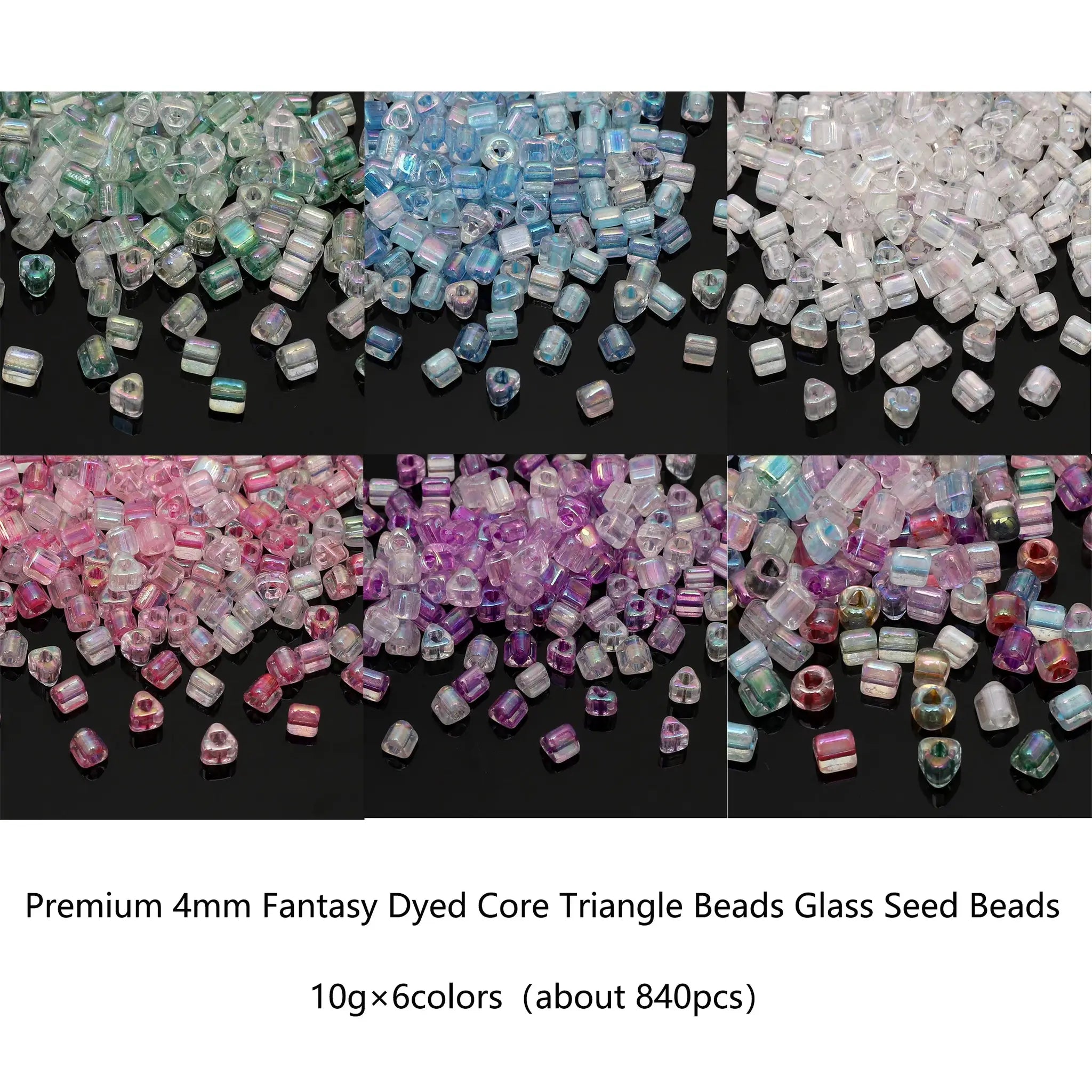 Simples Market premium 4mm fantasy dyed core triangle glass seed beads, 840 pieces, assorted iridescent colors