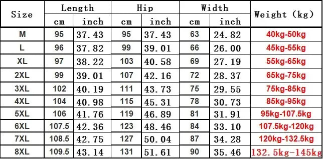 Simples Market men's fitness pants size chart showing length, hip, width and weight ranges