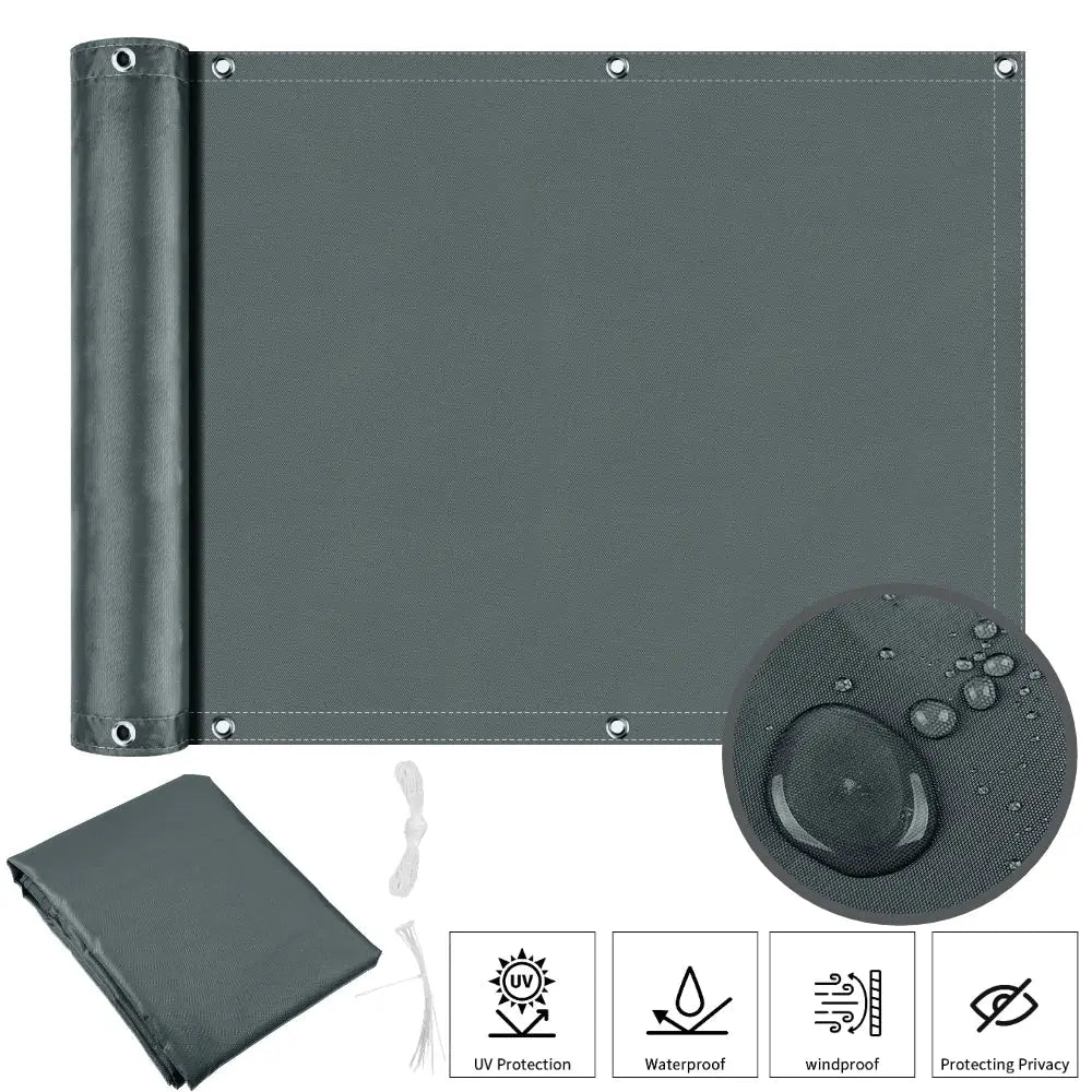 Waterproof sun shade cloth by Simples Market, gray outdoor patio shade with grommets and UV protection.