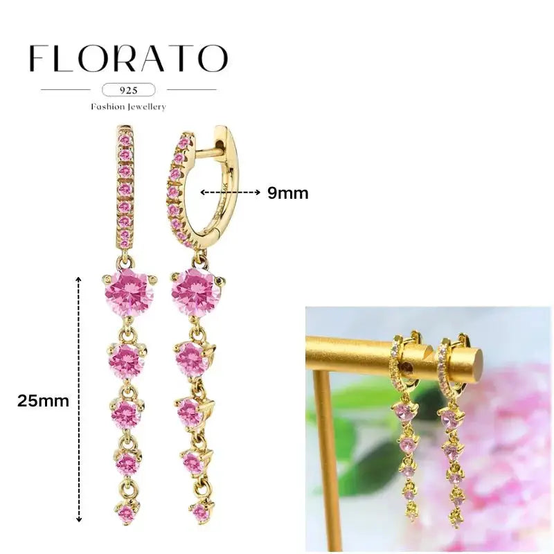 Gold-tone pink zircon hoop earrings by Florato 925, pair, 25mm length