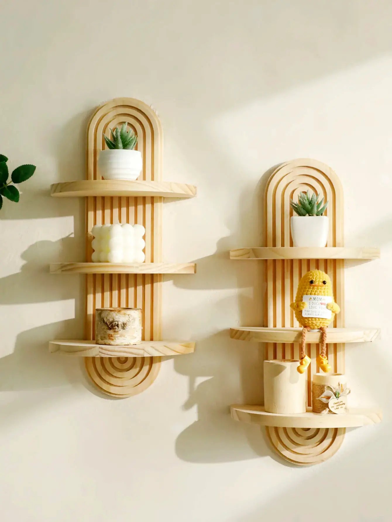 Boho wooden wall shelf pair with arched geometric backs in natural finish for plant display