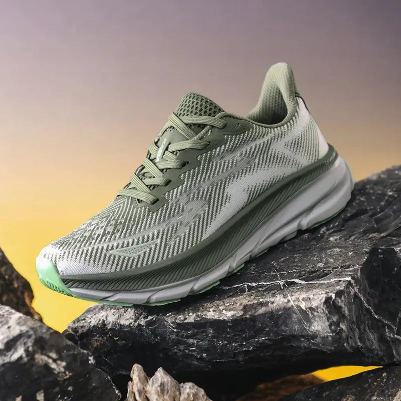 Men's running shoes by Simples Market, olive green breathable mesh trainer with cushioned sole.