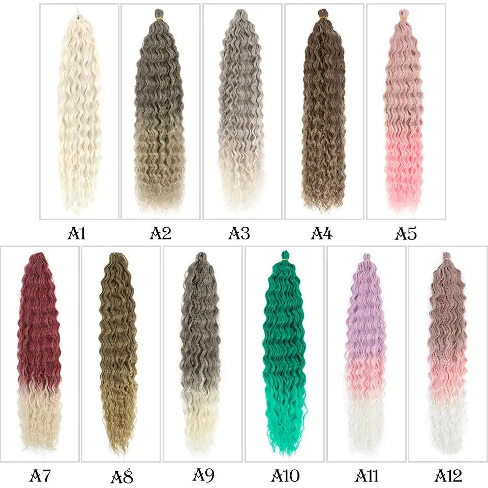 Ariel Curls crochet hair extensions by Simples Market, synthetic water-wave ombre set with 12 colors (A1–A12)