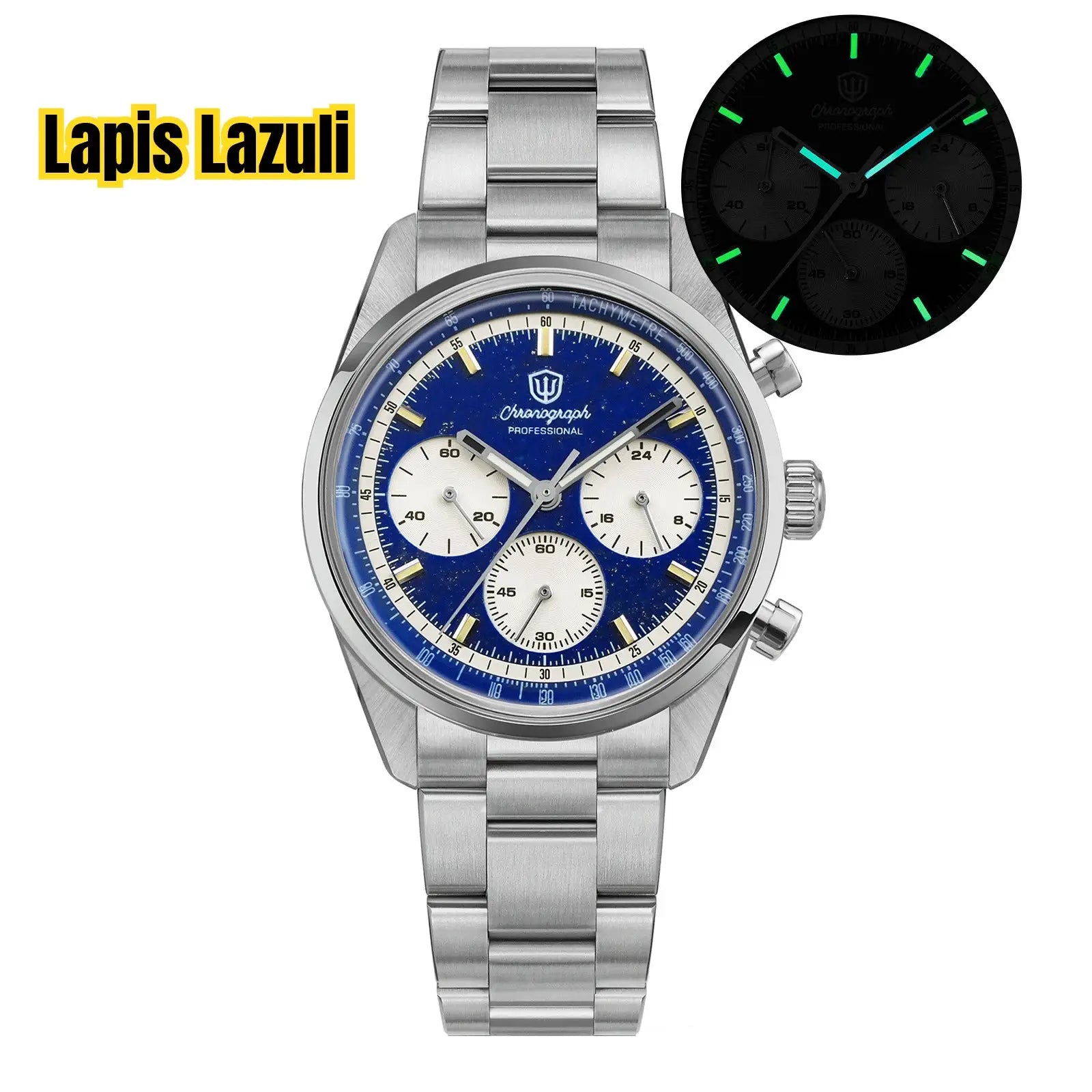 Simples Market stainless steel chronograph watch with blue dial, three subdials and tachymeter bezel.