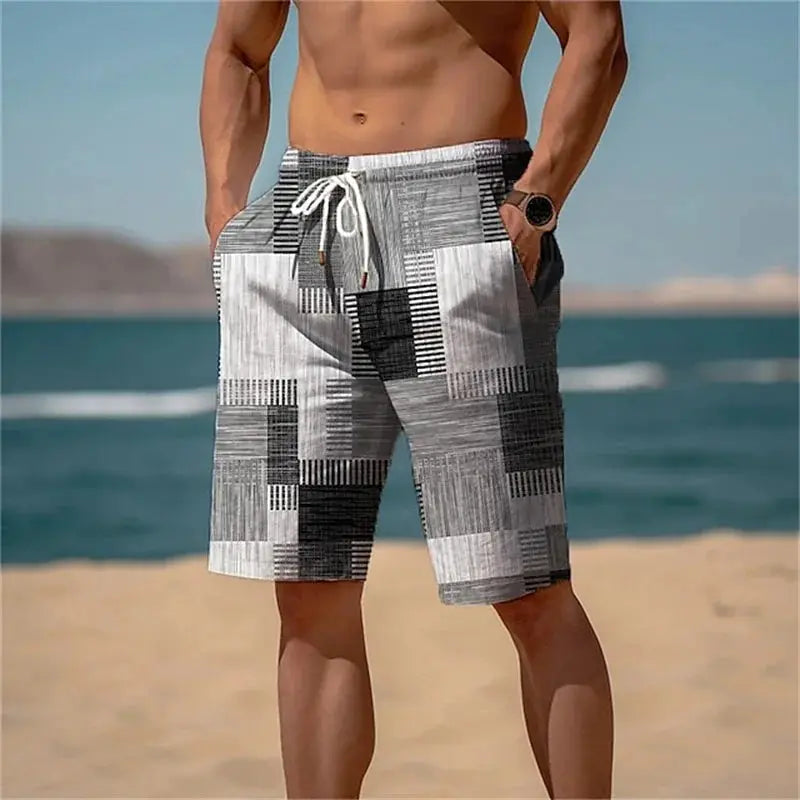 Men's Simples Market square-splicing board shorts with grayscale patchwork, quick-dry beach swim trunks